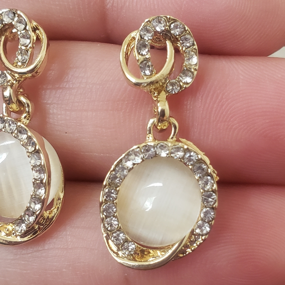 Goldtone Rhinestone Round Dangle Earrings - Picture 5 of 6